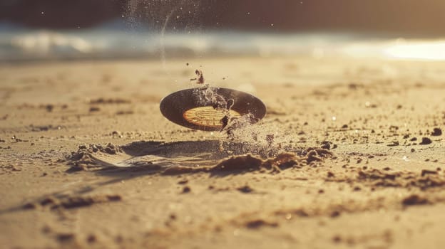 A pocket watch rests on the sandy beach, surrounded by the natural landscape of water, wood, rocks, and grass, creating a picturesque scene AIG50