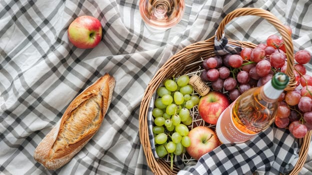 A picnic basket filled with natural foods like fruit and bread, placed on a checkered blanket for a relaxing outdoor meal AIG50
