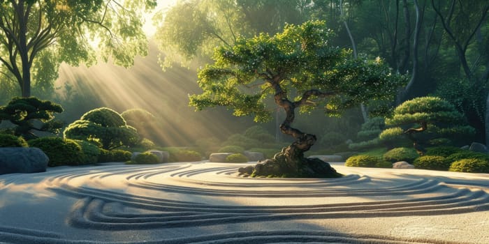 A beautiful sunrise illuminates a Japanese Zen garden, highlighting the elegant forms of meticulously maintained bonsai trees. Resplendent.
