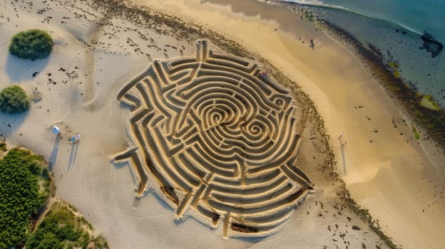 A mesmerizing sand labyrinth, created on a beach, with intricate patterns resembling a work of art. The aerial view captures the harmonious blend of natural materials and landscape AIG50