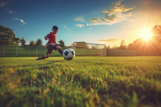 Portrait of children running and playing football at football field. Attractive energetic boy wearing sportswear while preparing for powerful kick at soccer field. Skilled kid playing soccer. AIG42.