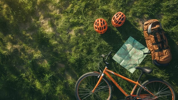 A bicycle, helmet, and map are scattered in the grass, surrounded by the peaceful sounds of nature. A wheel and tire peek out from beneath the foliage AIG50