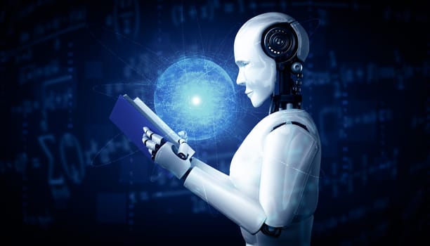 MLP 3d illustration 3D illustration of robot humanoid reading book in concept of future artificial intelligence and 4th fourth industrial revolution.