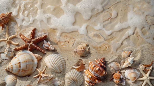 Various mollusc shells are scattered on the sandy beach, creating a beautiful pattern. These natural materials originate from the water and terrestrial animals AIG50