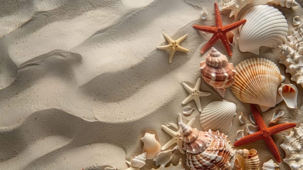 Liquid art event featuring macro photography of seashells, starfish, and arthropods on sandy beach. Patterns inspired by carmine petals and fictional characters in peach hues AIG50