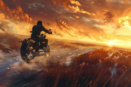 A man riding a motorcycle through a field of wheat at sunset AIG51A.
