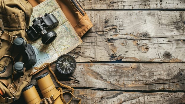 A pair of hiking boots, binoculars, a compass, and a map are displayed on a rustic wooden table in a landscape painting featuring plants and trees AIG50