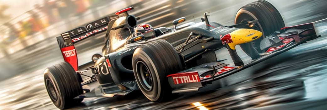 Formula 1 car racing on the circuit track while driving at high speed and accelerating at full power AIG44