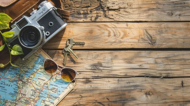 A camera, sunglasses, keys, and a map lay on a hardwood table, showcasing a beautiful wood grain pattern. The rectangle table is made of sturdy planks with a rich wooden font AIG50