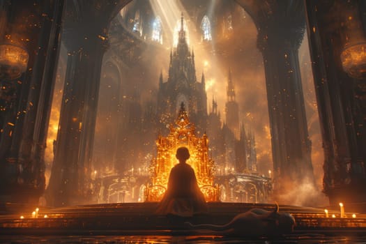 Photo of happy smart child sitting in front of throne at elegant castle hall surrounded with magical glowing light. Attractive bravery boy in fantasy uniform looking at throne represent power. AIG42.