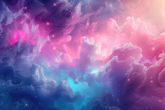 Photo of light blue soft pink fluffy cloud, 3D cloud with pastel cloud. Close up of fluffy cotton candy and sky. Abstract artistic background with water color and wallpaper. Sunlight shine. AIG42.