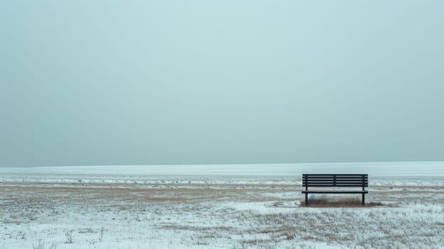 A minimalist landscape photo of white snowy landscape with iron bench. Fluffy 3D image of realistic of black bench placed at garden surrounded snow in winter season. Alone, lonely. Background. AiG42.