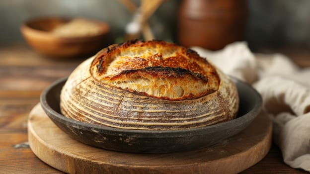 Freshly baked bread placed on shelf with blurred background at bakery. Image of a row of loaves of bread sitting on a wooden table. The bread appear to be sourdough bread with crispy texture. AIG42.