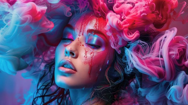 A woman's face is surrounded by colorful smoke. AIG51A.