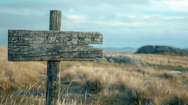 A wooden sign with a cross symbol and religious font, pointing right in a field under a sky. It blends art with natural landscape, resembling a twig in a cemetery AIG50