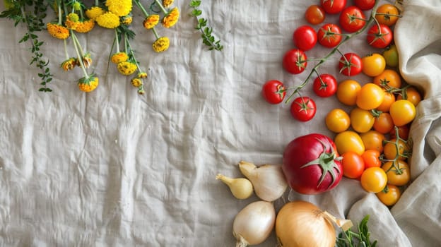 A variety of natural foods, including fruits and vegetables, are displayed on a table. These plantbased ingredients can be used in recipes to create delicious dishes AIG50
