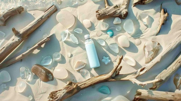 A bottle of paint sits amongst sea glass and driftwood, creating a unique art sculpture combining wood, glass, and water elements AIG50