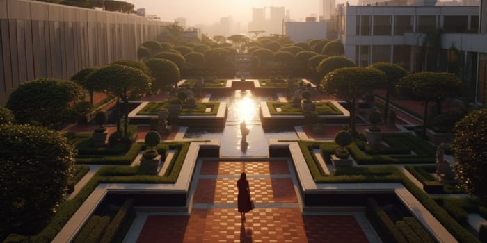 A lonely figure walks through a beautiful garden, enjoying the peace and quiet. AIG51A.