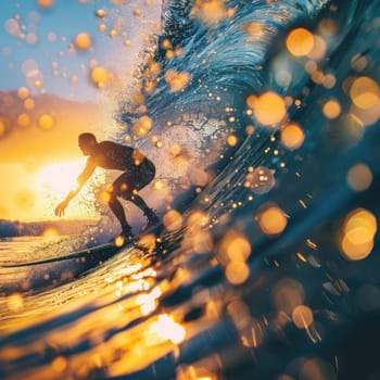 A person is happily riding a wave on a surfboard in the liquid world of the ocean, surrounded by the vast sky and majestic astronomical objects AIG50