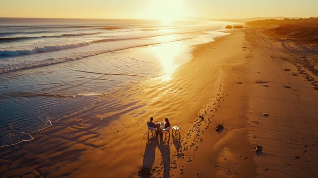An aerial view of a group of people having a picnic on the beach, surrounded by vehicles, pollinators, insects, patterns in the landscape, woods, soil, terrestrial animals, wildlife, and beehives AIG50