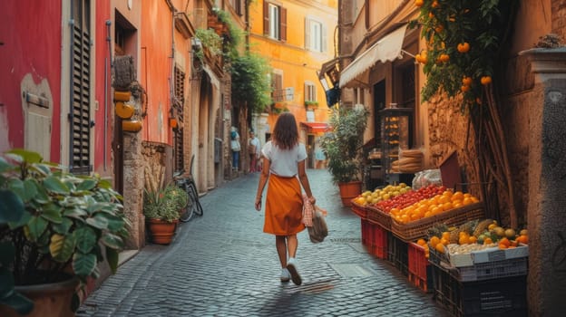Happy young woman wear casual cloth while enjoy walking at vibrant market. Attractive beautiful girl or tourist exploring while walking at colorful city street. Recreation activity concept. AIG42.