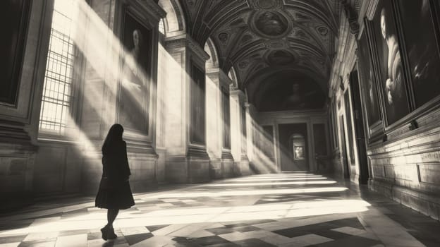 Back view of energetic woman walking in hall way and enjoy looking at impressive picture. Beautiful tourist wandering and exploring at pathway in museum while traveling and visit concert hall. AIG42.