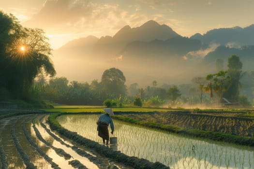 Professional farmer working while planting and checking crop at farm. Skilled agricultural worker walking at sunset or dawn while harvesting the crop and taking care crop at vegetable plot. AIG42.