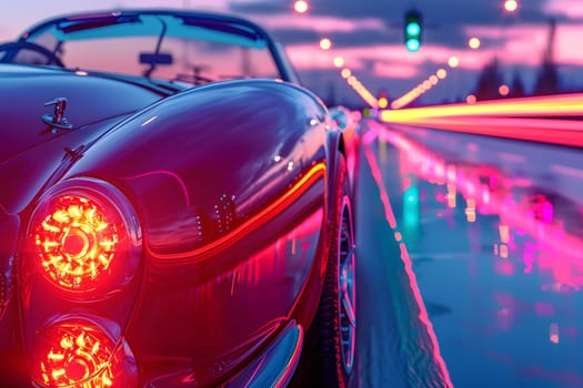 A closeup of a blue cars tail light illuminating the highway at night, highlighting the sleek automotive design and wheel of the land vehicle