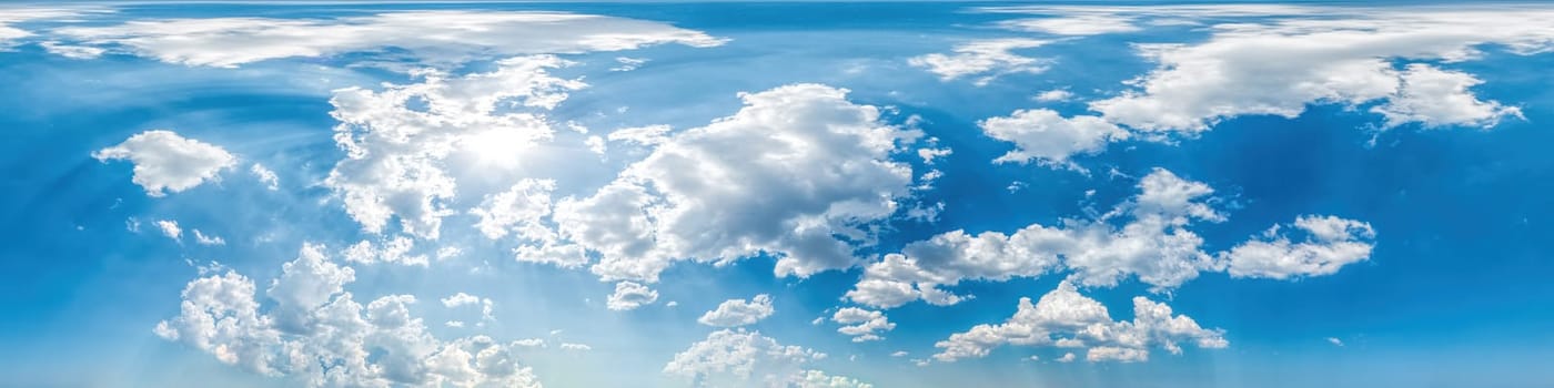 Seamless panorama of sky with puffy Cumulus clouds in spherical equirectangular format. Complete zenith for use in 3D graphics, game and composites in aerial drone 360 degree panoramas as sky dome.