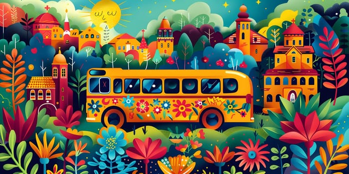 An artistic representation of a bright yellow school bus parked among colorful flowers and buildings, showcasing the harmony between nature, transportation, and architecture