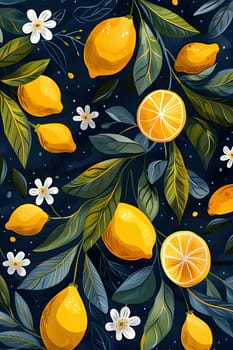 A beautiful painting featuring lemons, oranges, and flowers on a dark background. Citrus fruits like Rangpur and Clementine are depicted as natural foods