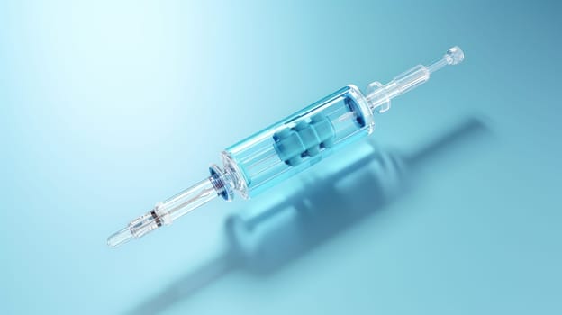 A syringe with a vaccine against diseases on a blue background. Medicine, treatment in a medical institution, healthy lifestyle, medical life insurance, pharmacies, pharmacy, treatment in a clinic.