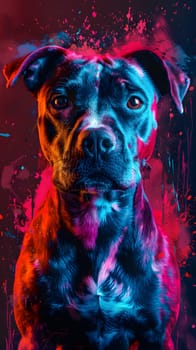 A carnivorous dog breed in fawn color is sitting in front of an electric blue, magenta, and pink art background, looking at the camera