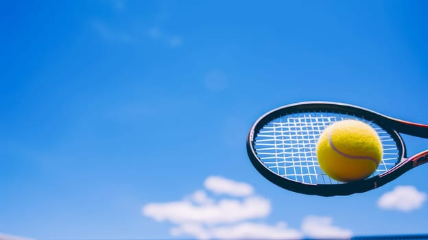 tennis racket in his hand against blue sky. Playing sports, healthy lifestyle, physical activity, training, active lifestyle, competition, Preparation for big sports.