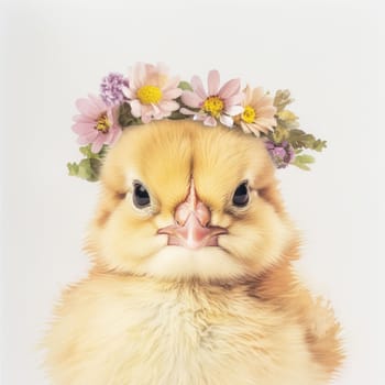 The drawing of the fluffy yellow chick with the flower crown on the head with the white blank background, the little chicken fur feels so fluffy and make chick look cute while wearing a crown. AIG43.