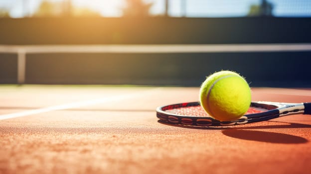 Detail of a tennis ball stopped on the ground of a clay tennis court during a sunny day. Playing sports, healthy lifestyle, physical activity, training, active lifestyle, competition, Preparation for big sports.