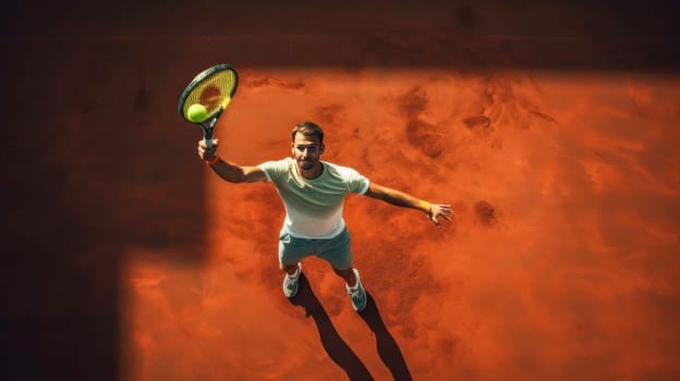 Athlete playing tennis. Young sportive man, professional tennis player in motion, action isolated over dark background in neon light. Concept of professional sport, competition, skills. Playing sports, healthy lifestyle, physical activity, training