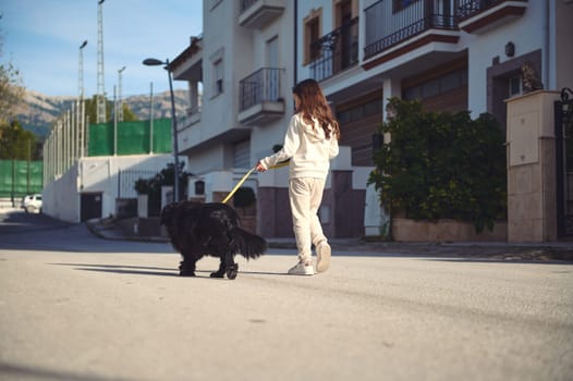 View of a little child girl enjoying a walk with her cocker spaniel dog outdoors
