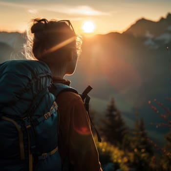 A woman in a cap and eyewear is happily looking at the sunset in nature, with the sun shining bright in the sky, creating a beautiful landscape AIG50