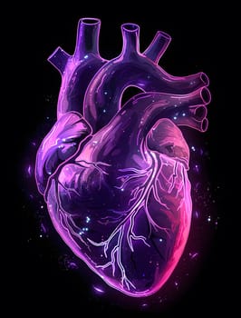 A vibrant purple human heart, resembling liquid art in shades of magenta and violet, floating on a black background like a fluid organism