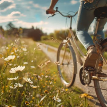 Riding a bicycle through a field of daisies, with the sun shining in the sky and fluffy clouds overhead, feeling the gentle breeze and admiring the beauty of nature AIG50