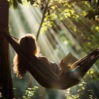 Relaxing in a hammock, surrounded by the tranquil landscape of trees and grass, a person enjoys leisurely reading a book under the shade of a terrestrial plant AIG50