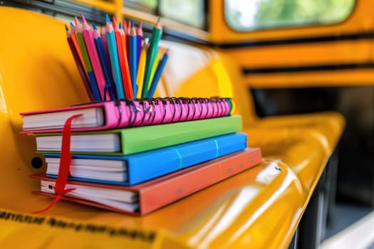 Colorful school supplies like notebooks, crayons, and pencils neatly arranged on a school bus seat