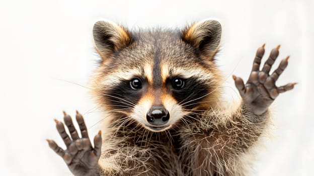 A carnivorous terrestrial animal from the Procyonidae family, the raccoon is waving its paws with whiskers, snout, fur, tail, and claws visible against a white background