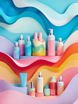 A colorful painting featuring a shelf filled with various bottles of different shapes and sizes.