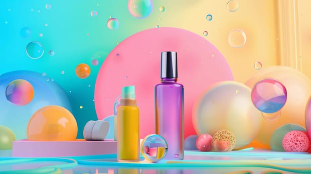 A bottle of lotion and another bottle of lotion placed on a table in a room with abstract colorful backgrounds, suitable for cosmetic brand promotions.