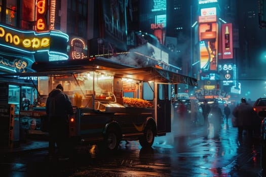 A steamy scene of a food truck serving hot dogs and fries at night