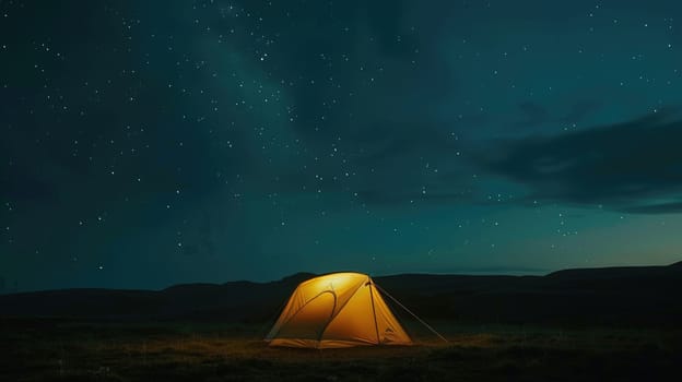 Tent is lit up on the field with a beautiful night sky and stars above.