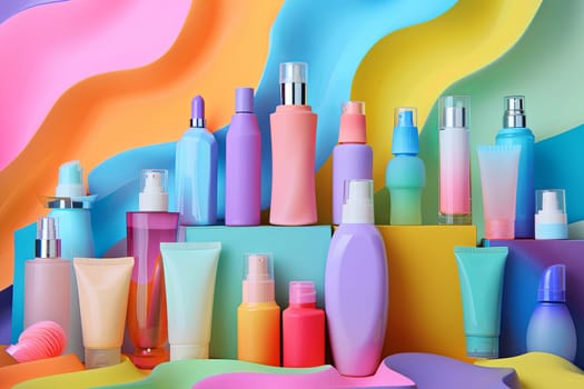 A colorful array of various types of cosmetics beautifully arranged for cosmetic brand advertising and beauty magazines.