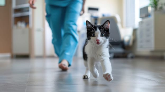 A cat running from a veterinarian in a pets hospital, Veterinarian with a Cat, Pet clinic.